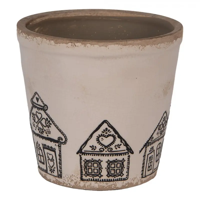 Béžový keramický obal na květináč s motivem perníkových domečků Gingerbread Bliss M – 15x14 cm