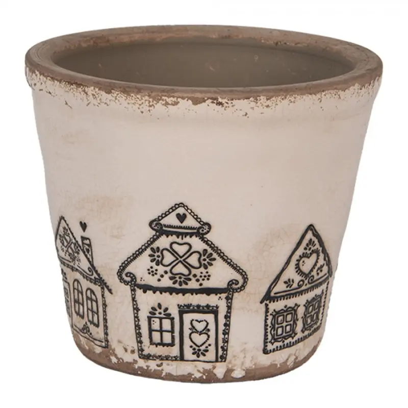 Béžový keramický obal na květináč s motivem perníkových domečků Gingerbread Bliss S – 12x11 cm
