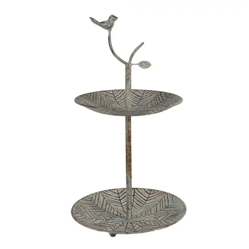 Kovový dvoupatrový stojan / etažér s ozdobou ve tvaru ptáčka Pimpelmees – 26x48 cm