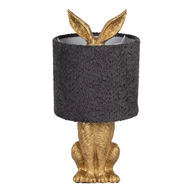 Zlatá stolní lampa králík s chlupatým šedým stínidlem Rabbi - Ø 20*43 cm / E27 Clayre & Eef