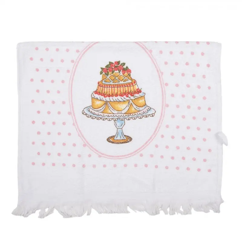 Bílý froté ručník s dortem a růžovými puntíky – 40x66 cm