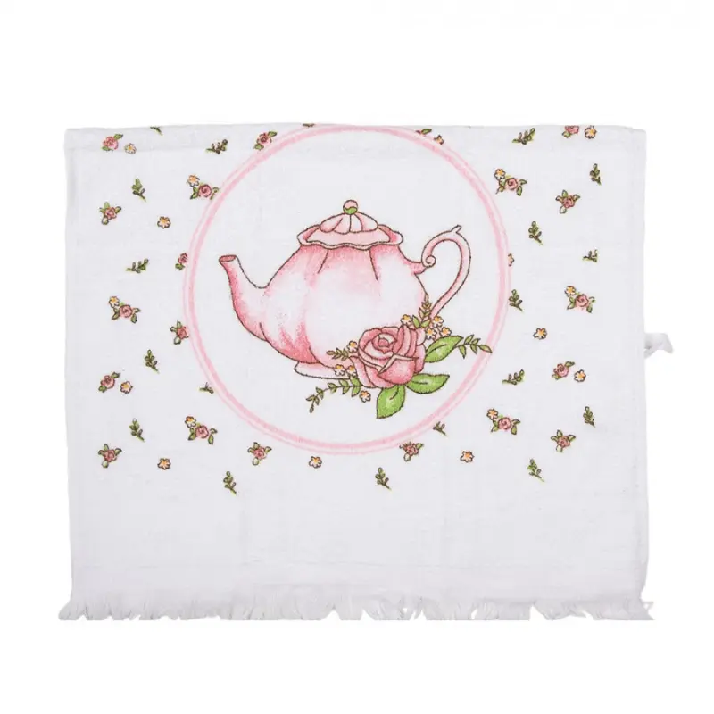 Bílý froté ručník s růžovou čajovou konvičkou – 40x66 cm