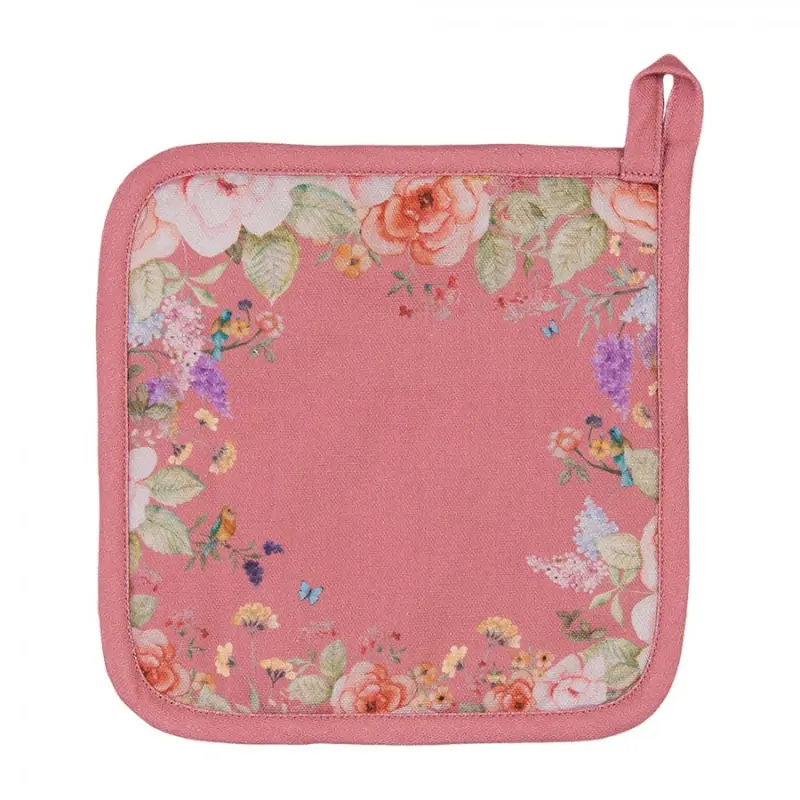 Růžová bavlněná chňapka / podložka pod hrnec s květinovým motivem Floral Fiesta – 20x20 cm