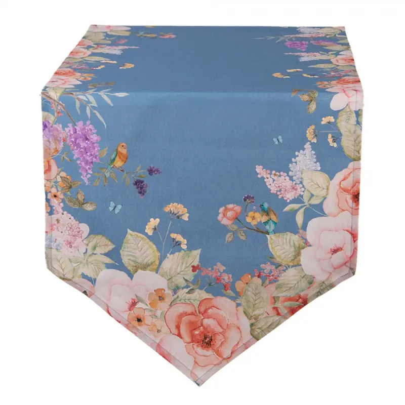Modrý bavlněný běhoun na stůl s květinovým motivem Floral Fiesta – 50x160 cm