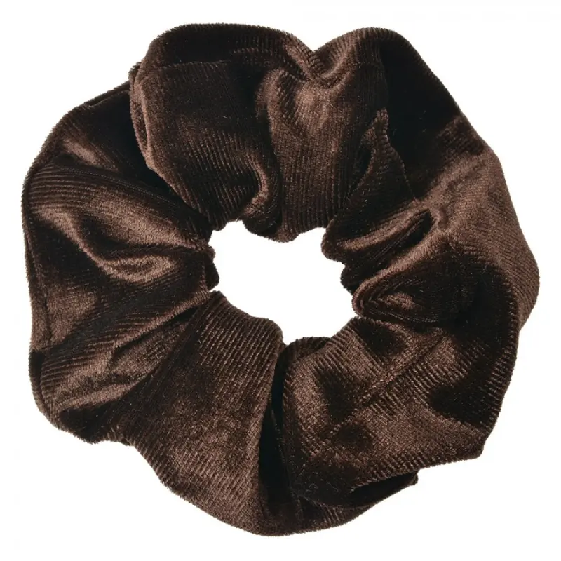 Tmavě hnědá sametová gumička do vlasů / scrunchie – 10 cm