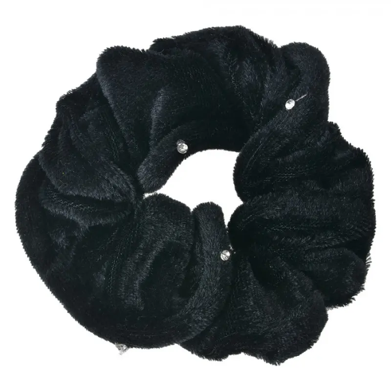 Černá sametová gumička do vlasů / scrunchie s perličkami – 10 cm