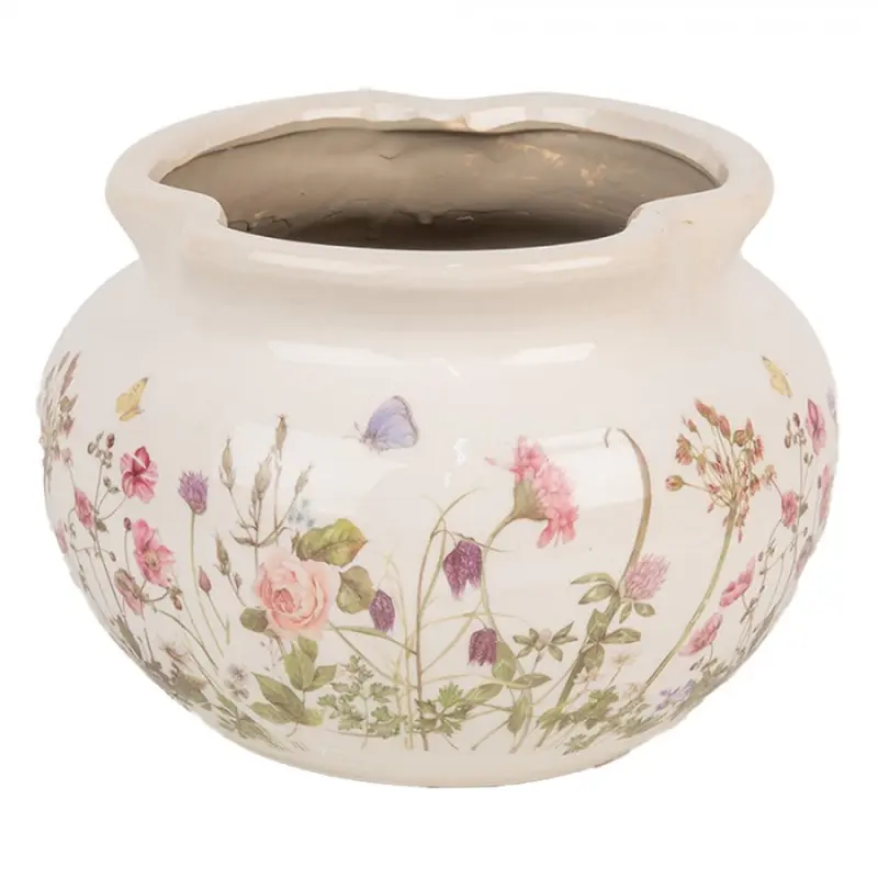 Baňatý keramický květináč s květy a motýlky Flowers of Love L – 23x16 cm