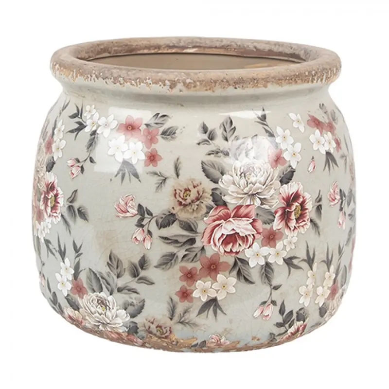 Keramický květináč s šedou glazurou a květy Masselin M – 16x13 cm