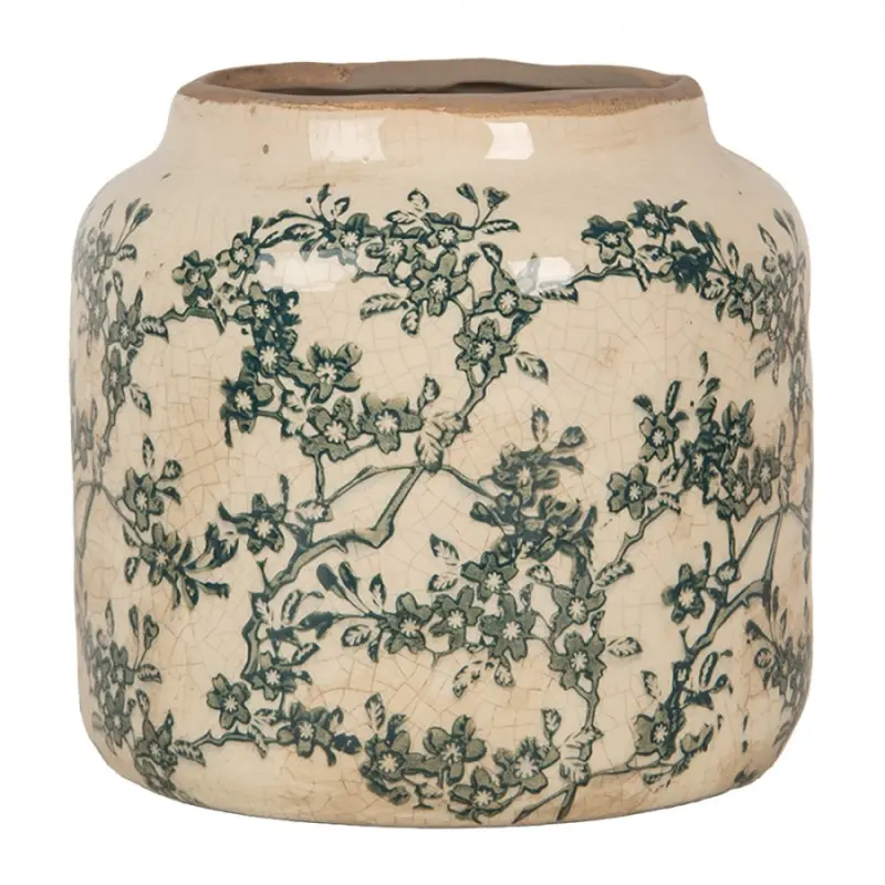 Keramický obal na květináč se zelenými kvítky Gian S - Ø 15*14 cm Clayre & Eef