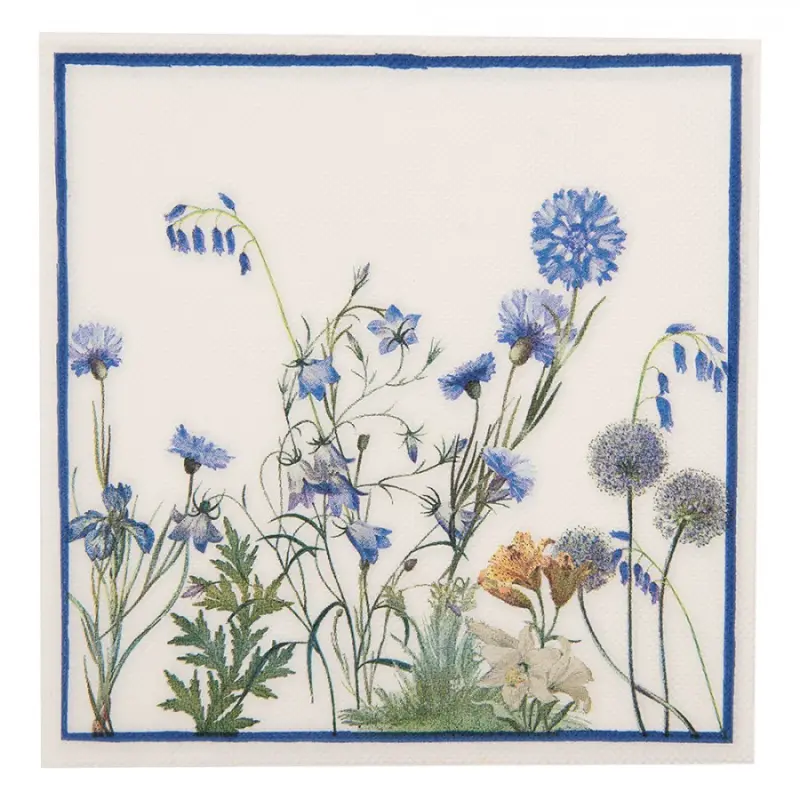 Modro-bílé papírové ubrousky s květinovým motivem 20 ks – 33x33 cm