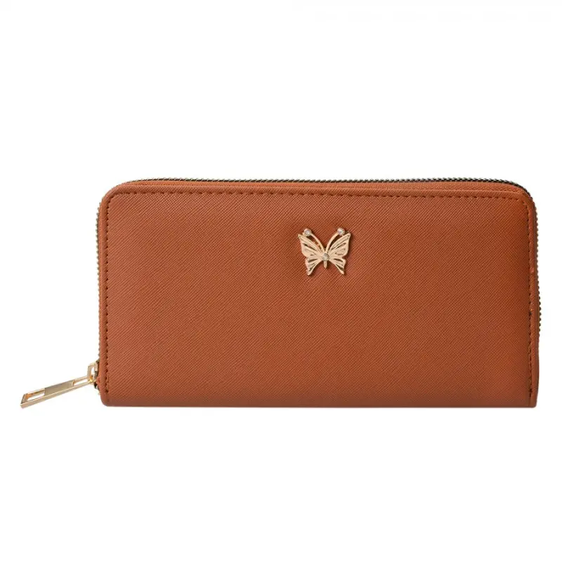 Hnědá velká peněženka s kovovým motýlkem Butterfly – 19x10 cm
