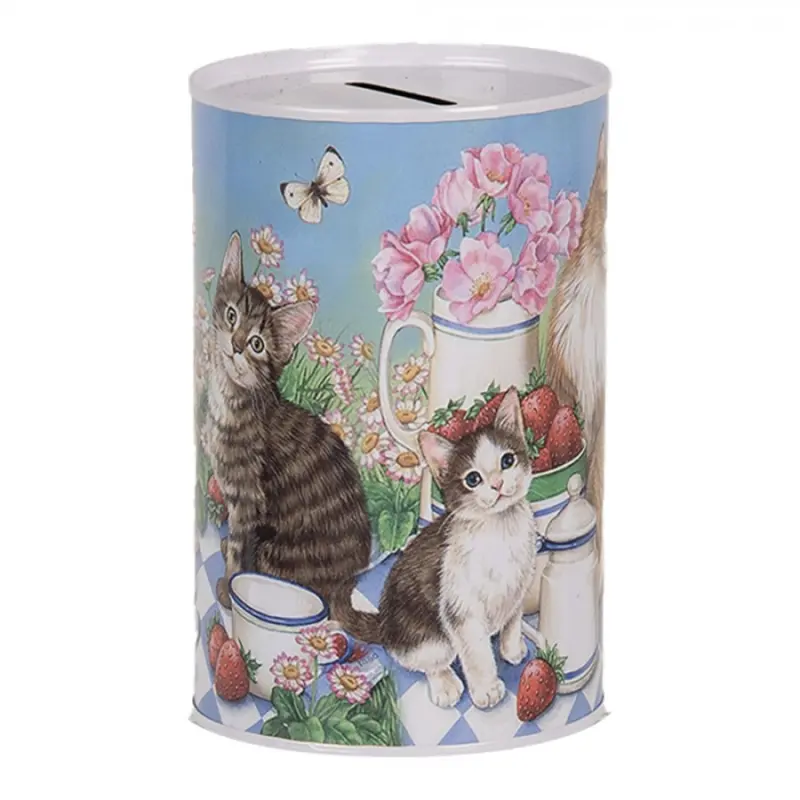 Modro-růžová plechová kasička s kočičkami na pikniku – 8x13 cm