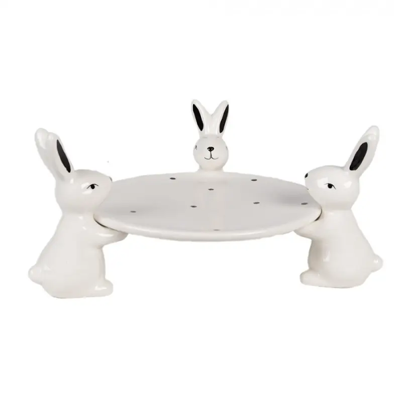 Černo-bílý keramický podnos s podstavcem ve tvaru tří králíčků Rabbit Party – 24x23x12 cm