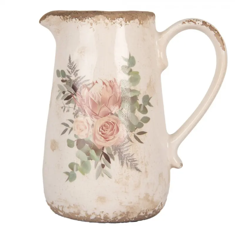 Keramický dekorační džbán s motivem růže a eukalyptus Vintage Rose M – 17x12x18 cm