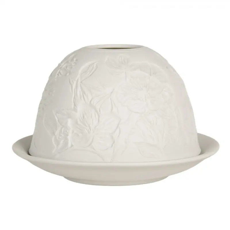 Bílý porcelánový svícen na čajovou svíčku s velkými květy – 12x8 cm
