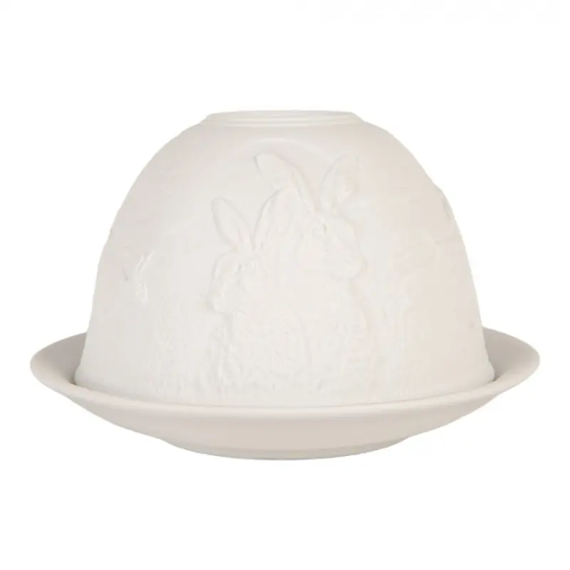 Bílý porcelánový svícen na čajovou svíčku se zajíčky – 12x8 cm