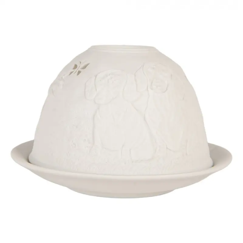 Bílý porcelánový svícen na čajovou svíčku s loveckými psy v trávě – 12x8 cm