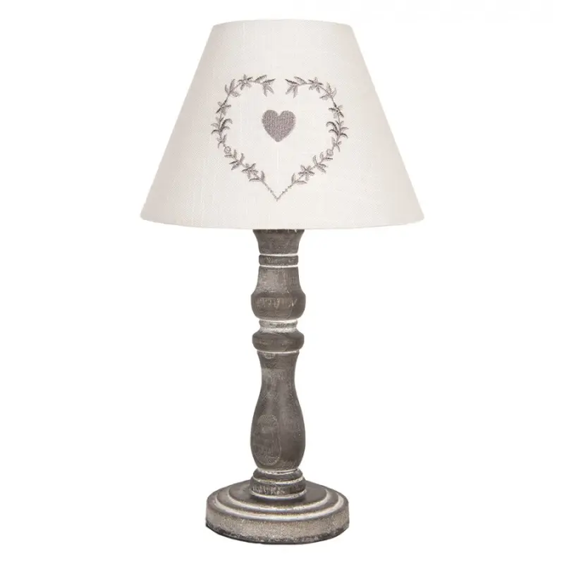 Šedá stolní lampa s béžovým stínidlem s vyšitým srdíčkem – 23x40 cm