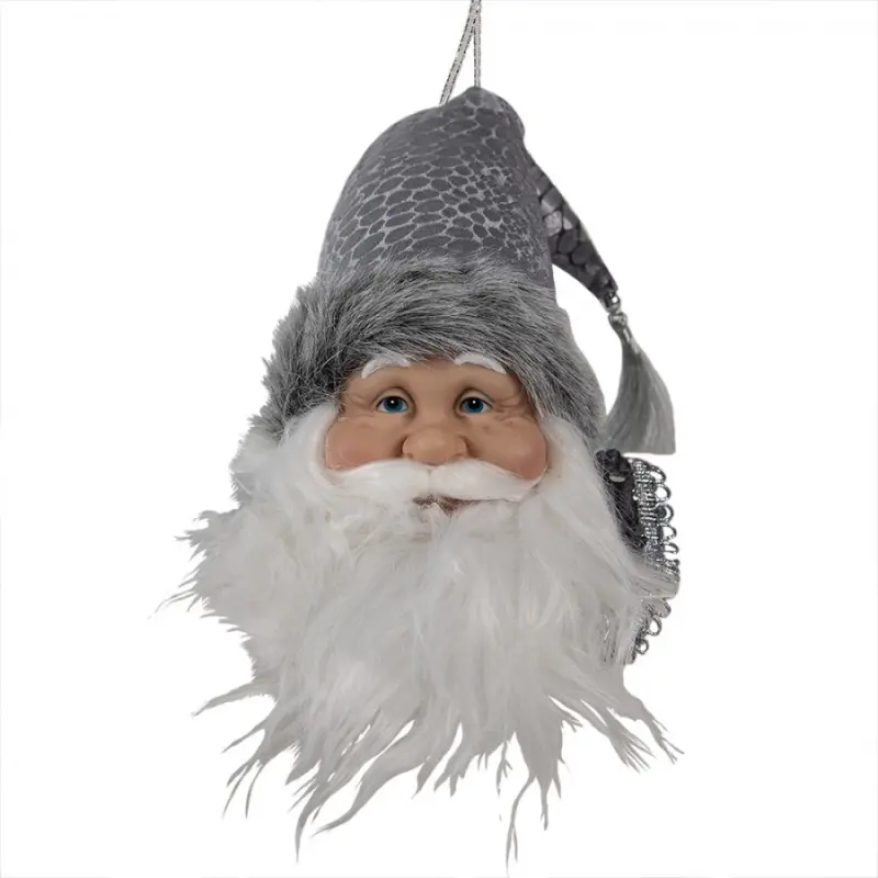 Šedo-bílá vánoční závěsná ozdoba Santa Claus se šedou kožešinovou čepicí – 10x9x28 cm