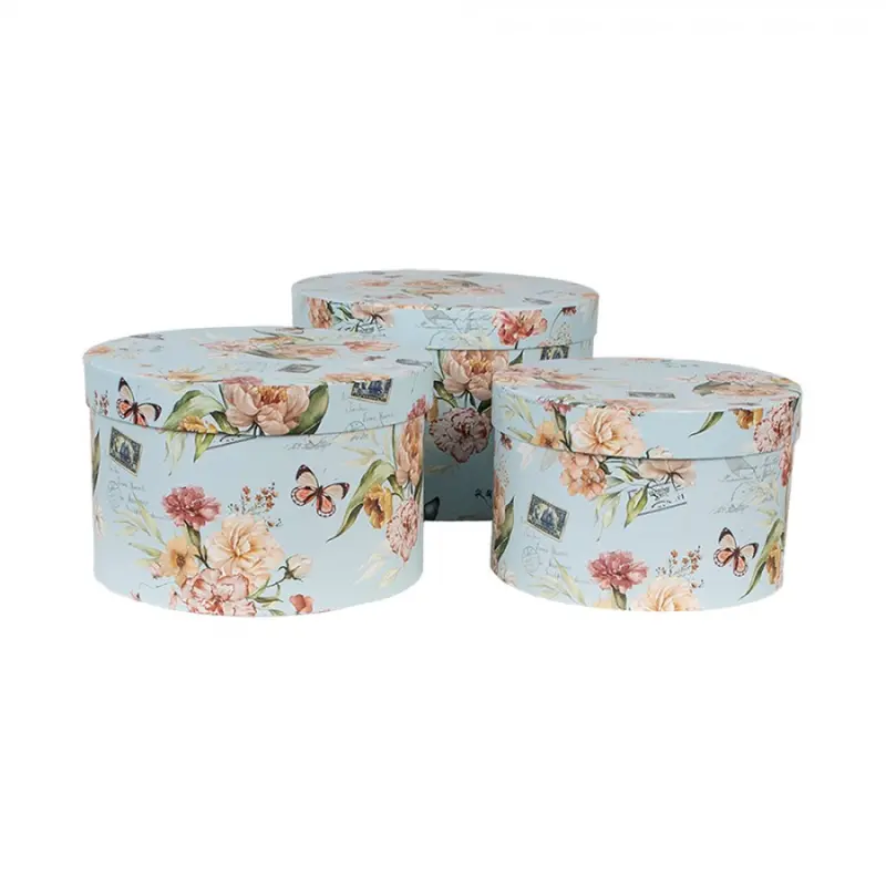 Sada 3 modrých úložných boxů s motivem dopisů a motýlků – 24x16 / 22x15 / 21x13 cm