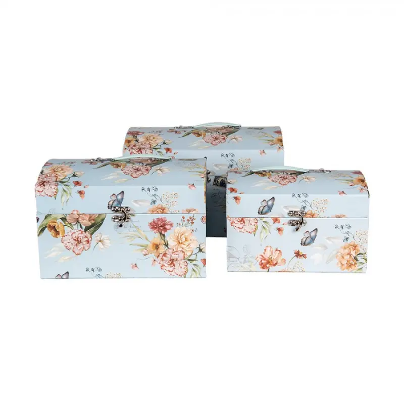 Sada 3 ks modrých úložných kufříků s květy a motýlky – 30x20x20 /26x18x18/22x15x15 cm