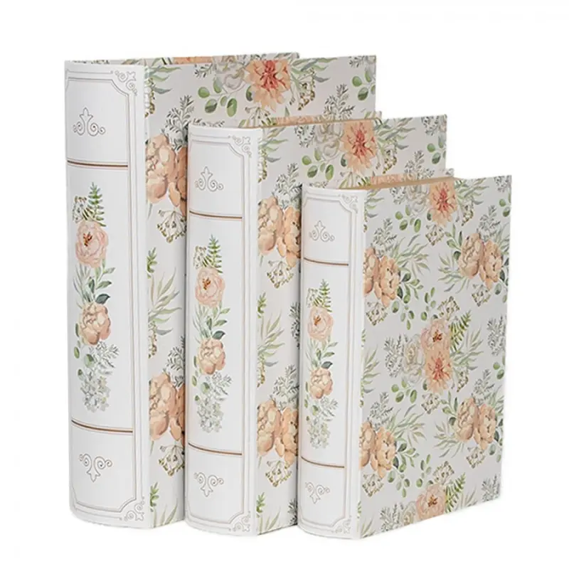 Sada 3 bílých úložných boxů ve tvaru knihy s oranžovými květy – 29x24x7/25x20x6/22x16x5 cm