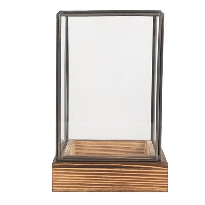 Skleněný poklop ve tvaru hranolu / domácí miniaturní skleník s dřevěným tácem Kas – 12x12x19 cm