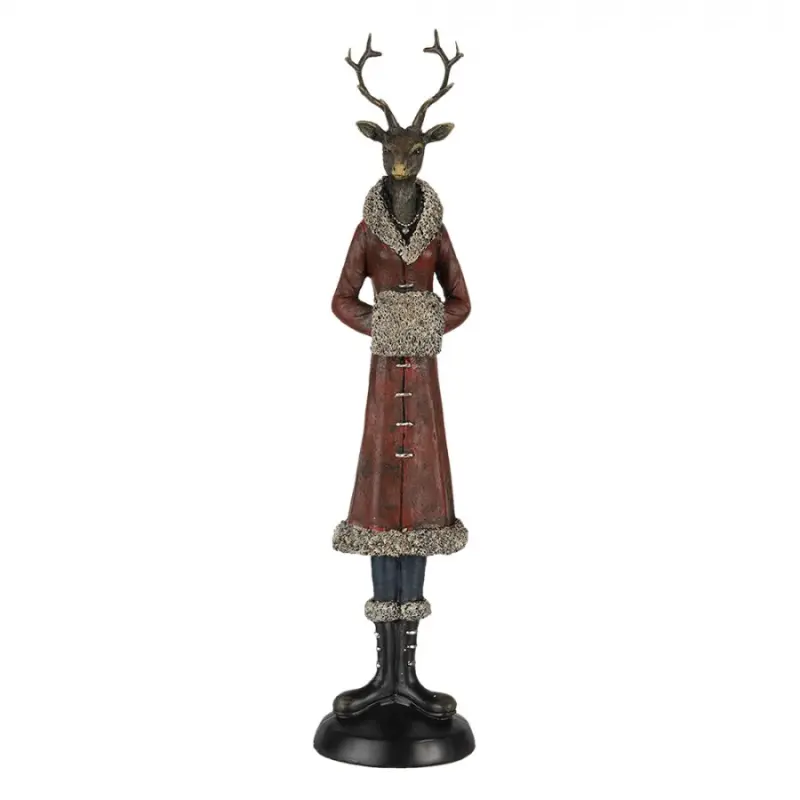 Figurka jelena na zimním výletě v červeném kabátku s kožešinou – 8x8x35 cm