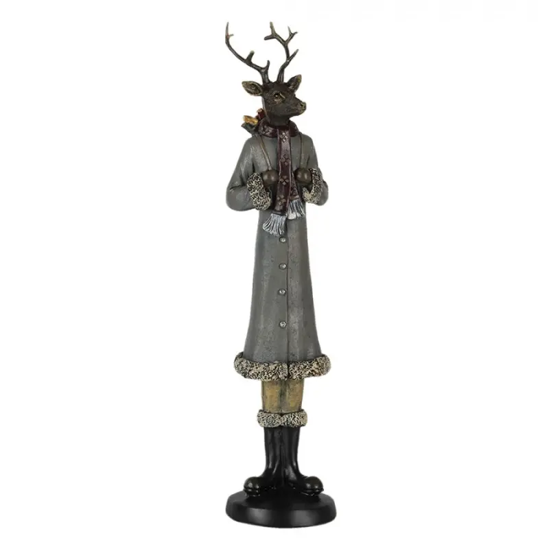 Figurka jelena na zimním výletě v šedém kabátku s kožešinou – 9x8x36 cm