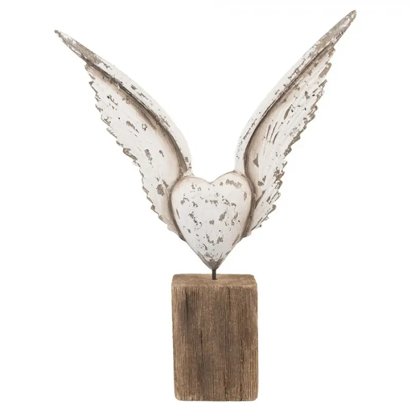 Dřevěná dekorace okřídlené bílé srdce na špalku Celpas – 26x5x33 cm