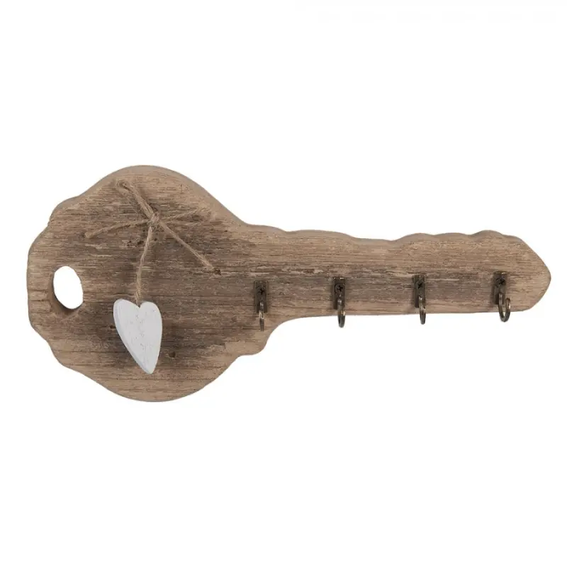 Hnědý dřevěný nástěnný věšák na klíče ve tvaru klíče - 30*4*14 cm Clayre & Eef