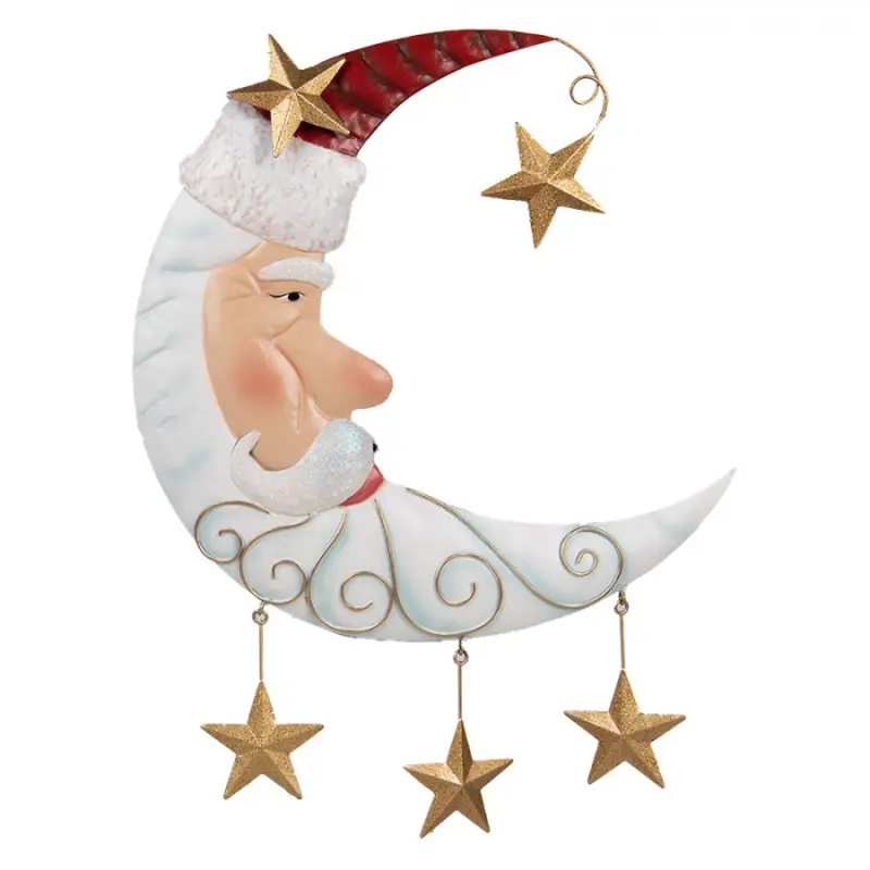 Kovová vánoční dekorace bílo-zlatý Santa Claus / měsíček s hvězdičkami – 40x3x45 cm
