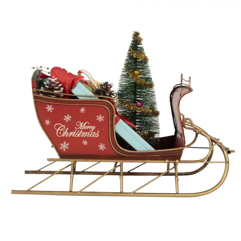 Červená dekorace sáně s dárky a stromkem Merry Christmas - 30*15*22 cm Clayre & Eef