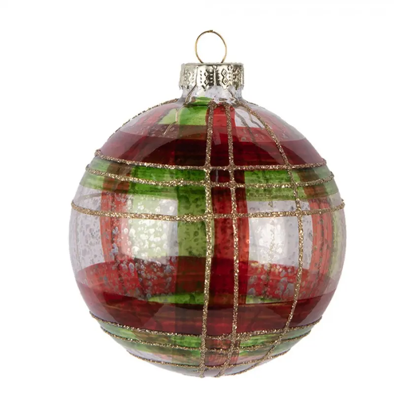 Červeno-zelená transparentní skleněná vánoční ozdoba s motivem skotské kostky I – 8x8 cm