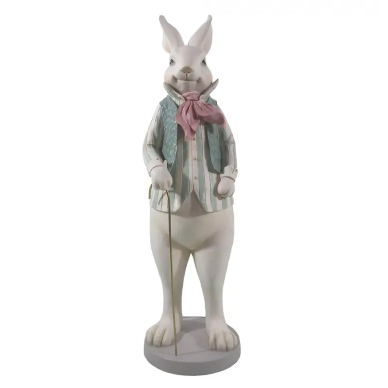 Bílá dekorace socha králík ve vestičce s hůlkou - 17*15*53 cm Clayre & Eef