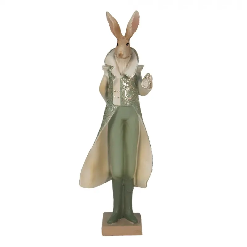 Figurka fešáckého králíčka v zeleném obleku a hodinkami – 11x8x33 cm