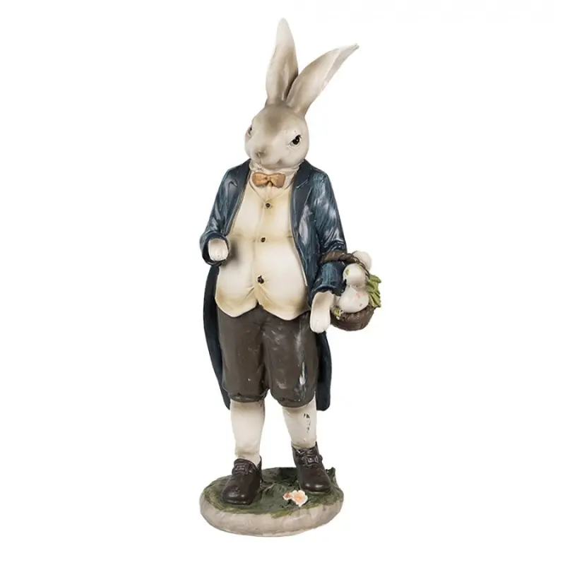 Velikonoční figurka králíčka v hnědých kraťasech s košíkem puntíkatých vajíček – 25 cm