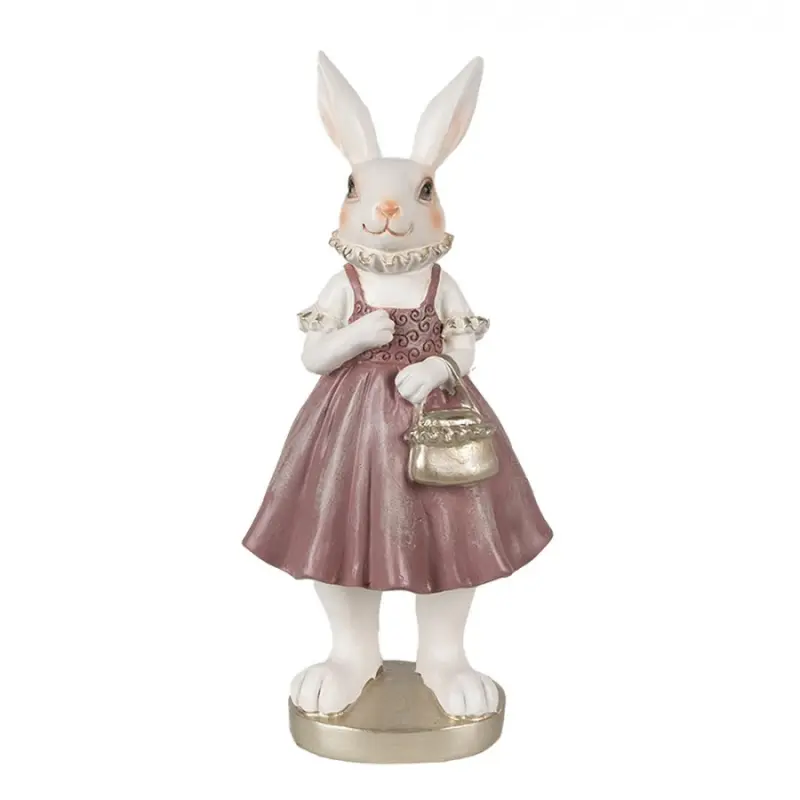 Figurka králičí slečny v růžových šatičkách a zlatou kabelkou – 27 cm