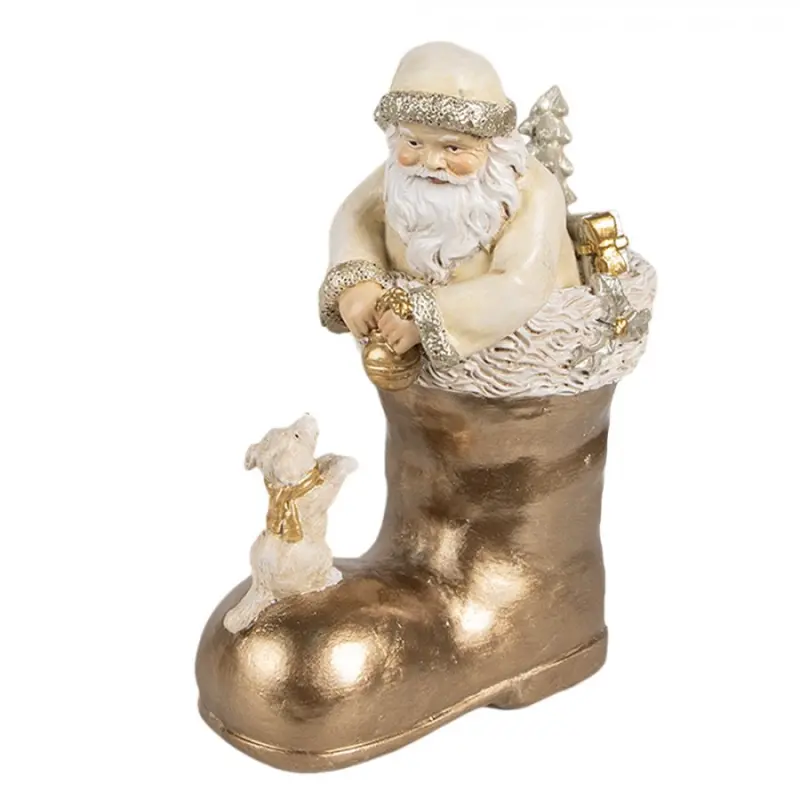 Dekorativní figurka Santa Clause ve zlaté botě s pejskem – 16 cm