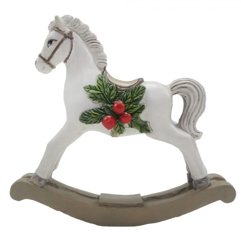 Dekorativní figurka bílý houpací koník s cesmínou – 11 cm cm