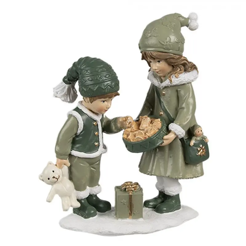 Dekorativní figurka děti v zeleném kabátku s tácem sušenek – 10x5x13 cm