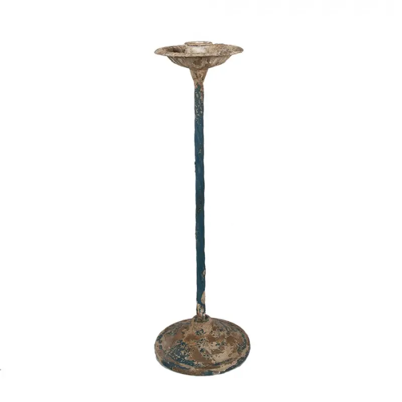 Modrý svícen s hnědou patinou a kalíškem na svíčku – 11x35 cm