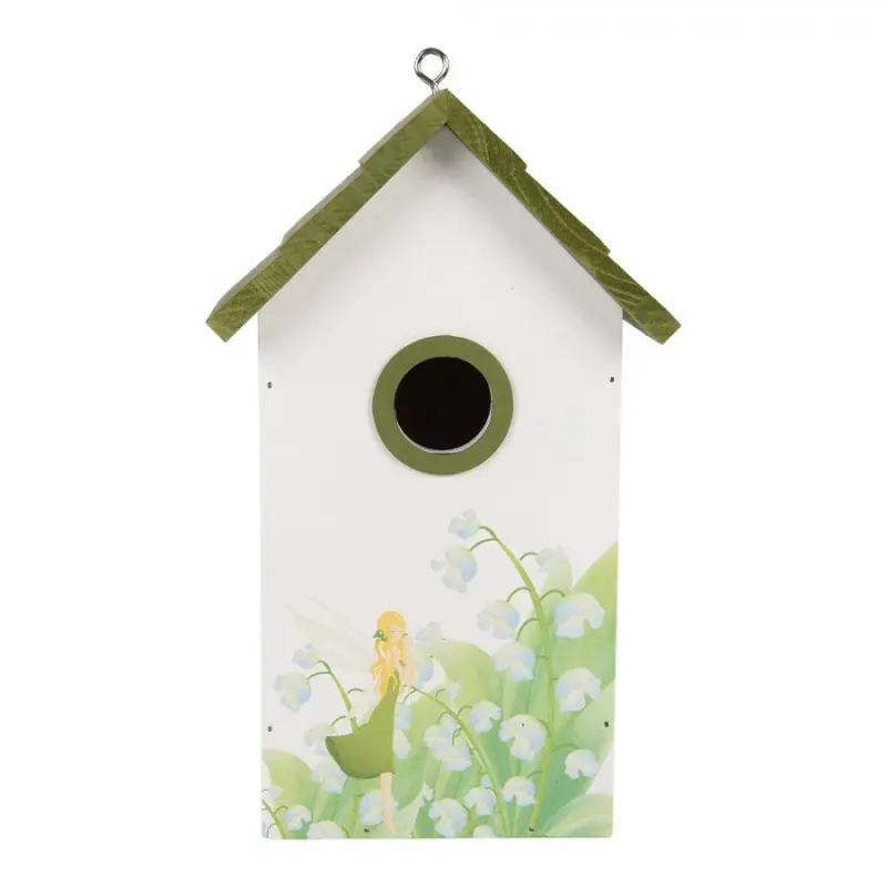 Zeleno-bílá dřevěná ptačí budka s konvalinkami Birdhouse - 15*10*22 cm Clayre & Eef