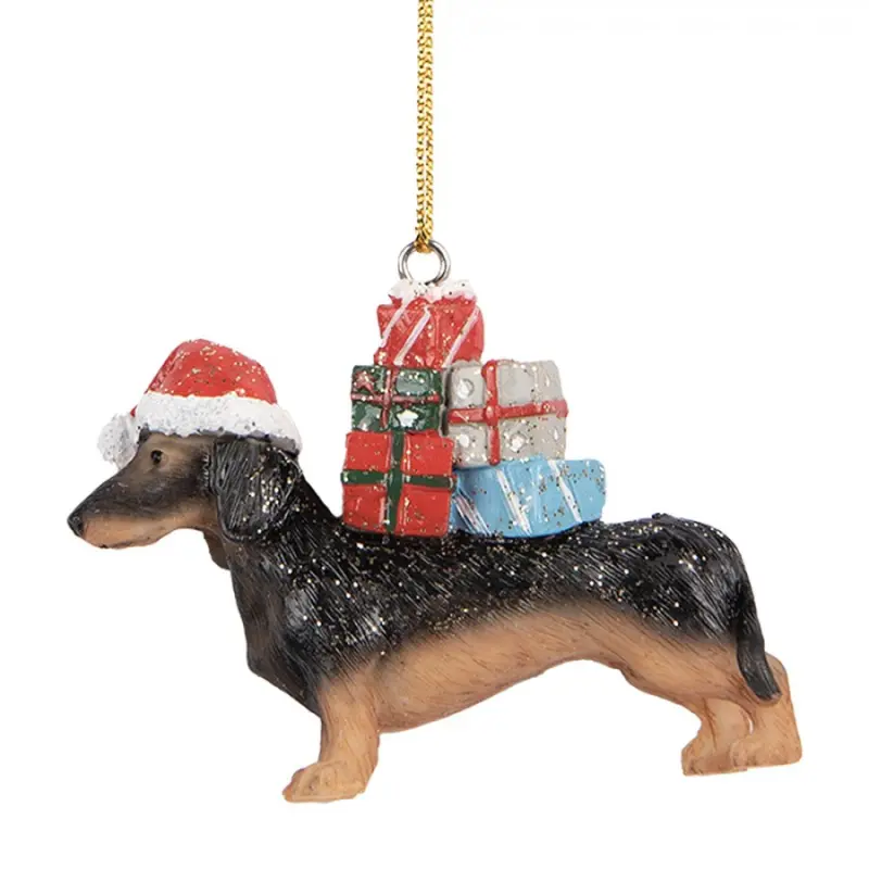 Hnědá závěsná dekorace jezevčík Dachshund s dárečky - 7*2*6 cm Clayre & Eef