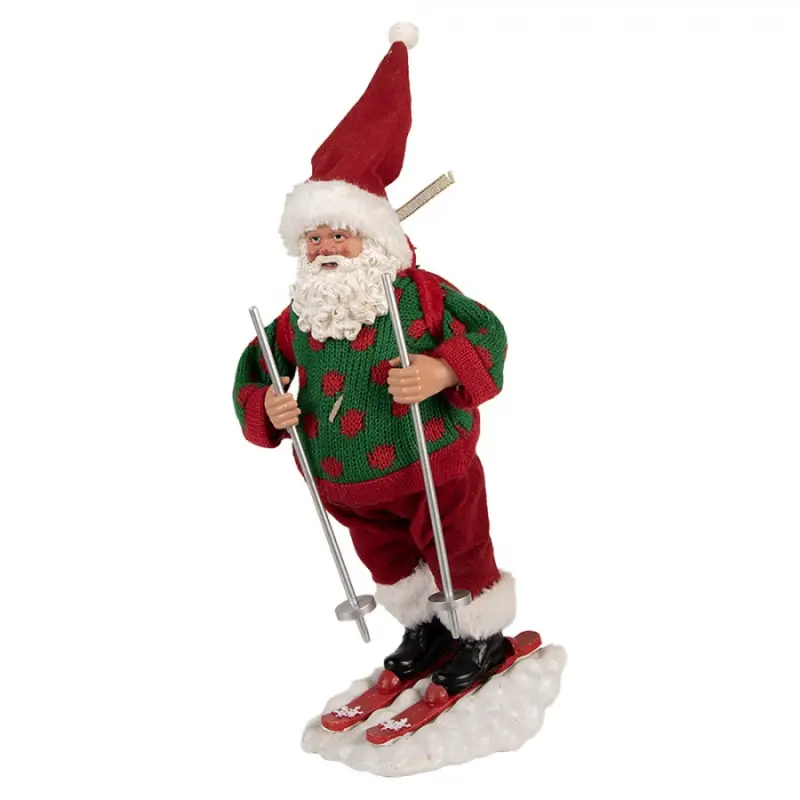 Vánoční figurka Santa Claus lyžař v zeleném svetru – 13x10x28 cm
