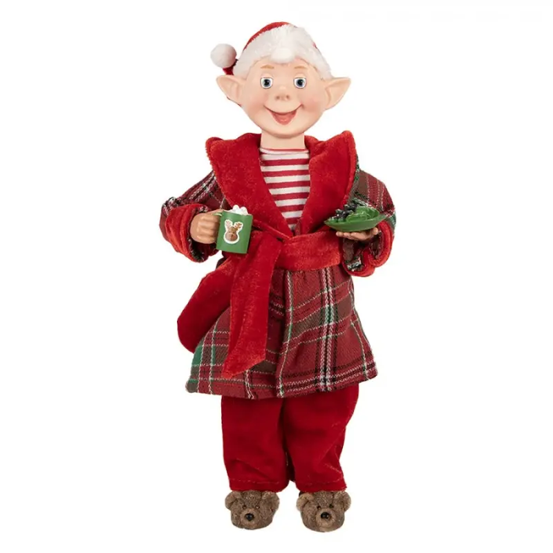 Vánoční figurka kouzelný elf v županu s hrnkem kakaa – 13x10x28 cm