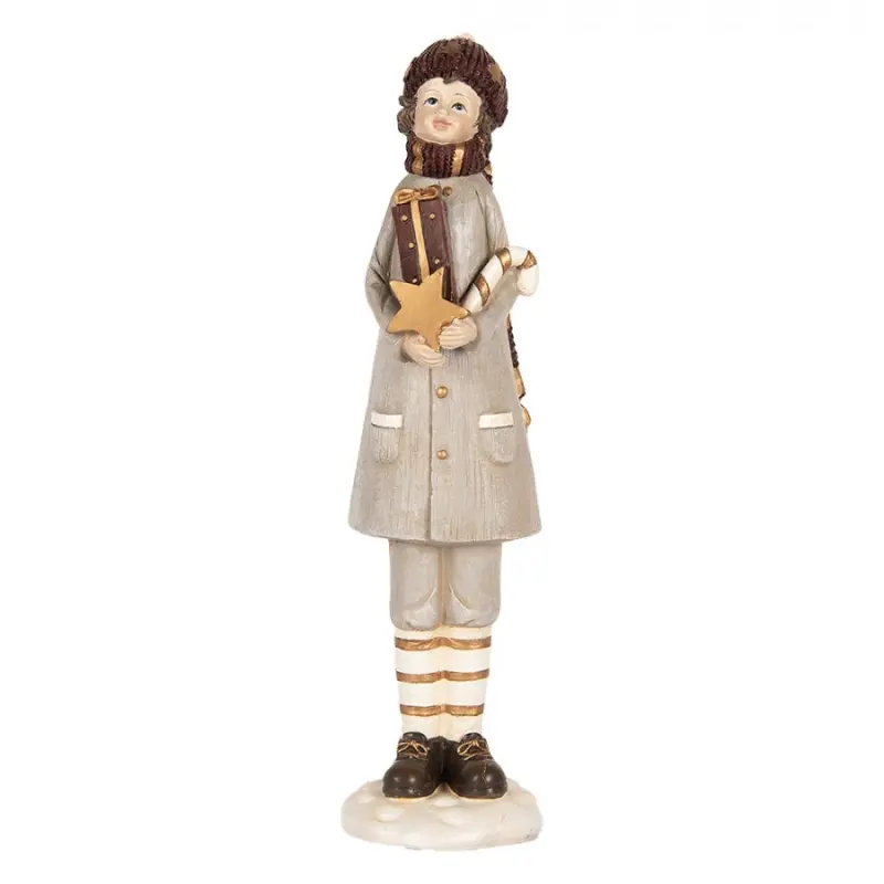 Vánoční dekorační figurka koledník v šedém kabátu se zlatou hvězdou – 8x8x30 cm