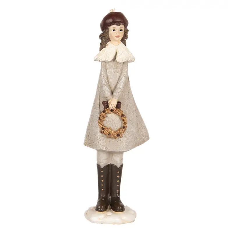 Vánoční dekorační figurka kolednice v šedém kabátu se zlatým věncem – 8x8x30 cm