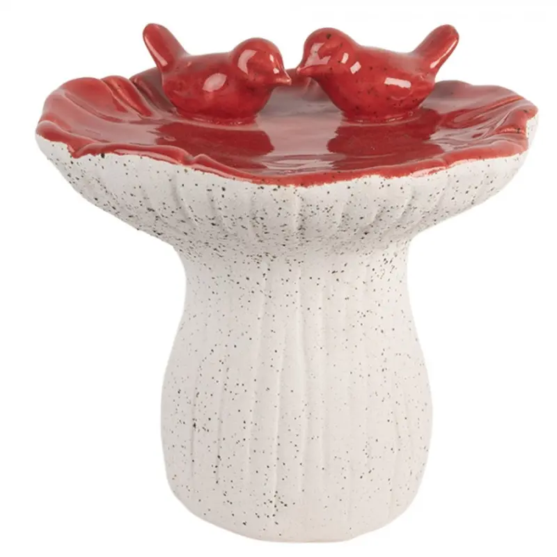 Cementová dekorace houba s červenou glazurou a dvěma ptáčky M – 19x18 cm