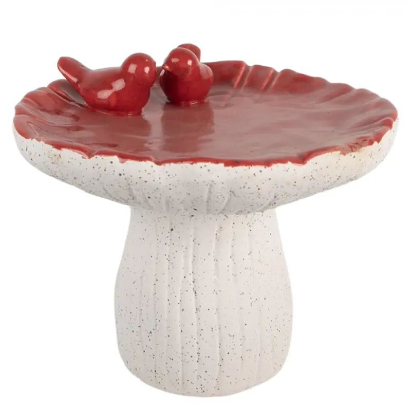 Cementová dekorace houba s červenou glazurou a dvěma ptáčky L – 25x21 cm